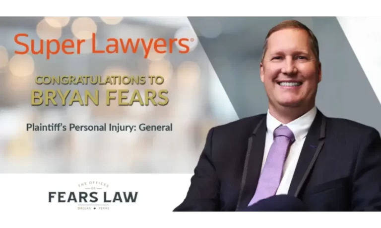 A man in a suit smiles beside text reading "Super Lawyers 2023, Congratulations to Bryan Fears, Plaintiff's Personal Injury: General," with Fears Law logo at the bottom, celebrating the law founder's recognition.