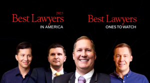 Four Fears Law Attorneys in business attire stand before text reading "Best Lawyers in America 2025" and "Best Lawyers Ones to Watch" on a black background.