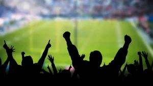 Silhouetted crowd cheering in stadium stands with a blurred football field visible in the background, highlighting the excitement of game day and emphasizing the importance of Stadium Safety for all fans.