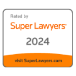 Square badge showing 'Rated by Super Lawyers 2024' with a link to visit SuperLawyers.com, in orange and gray colors.