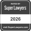 Black and white badge reads "Rated by Super Lawyers 2026" with the web address "visit SuperLawyers.com" at the bottom.